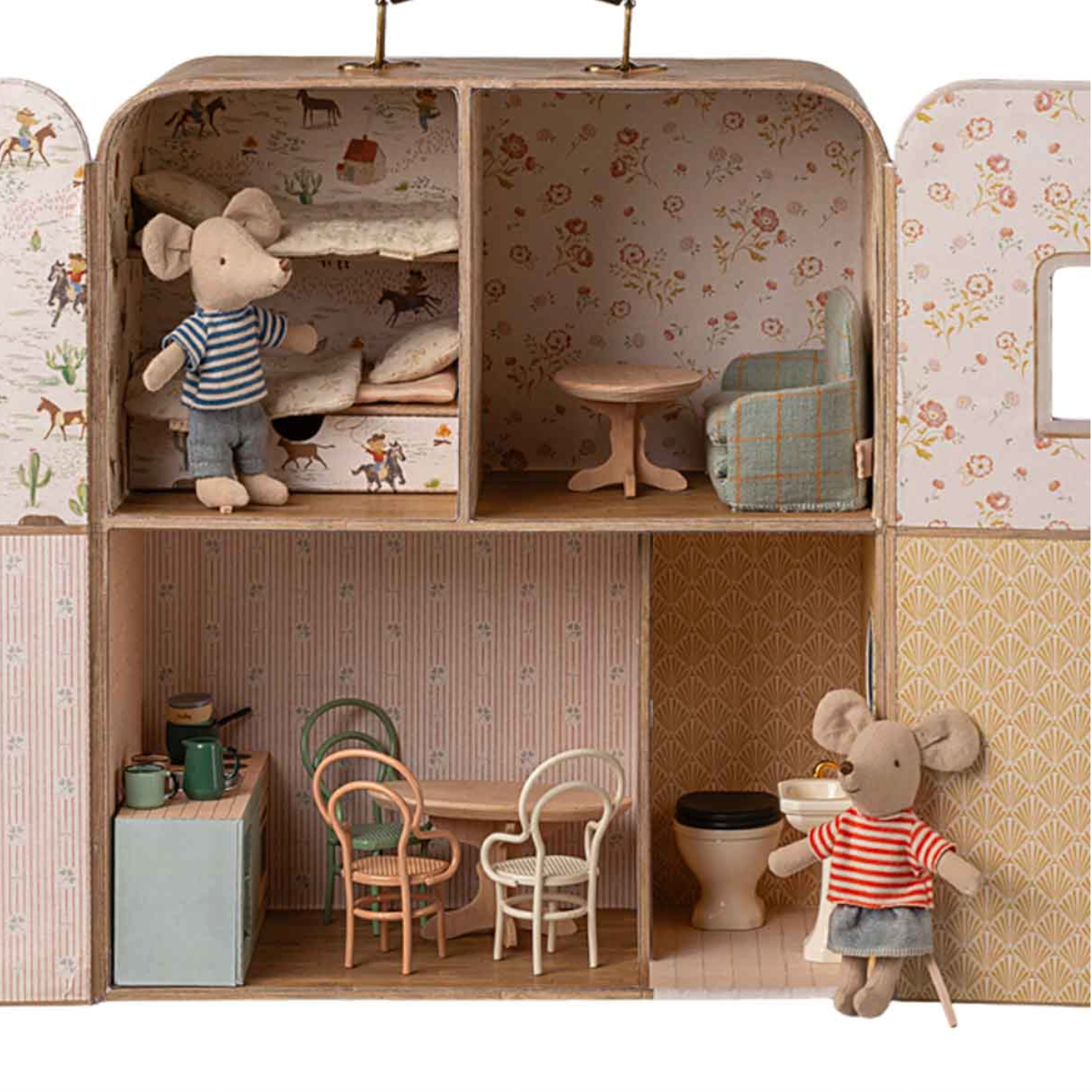 Miniature dollhouse with furniture and toy mice inside