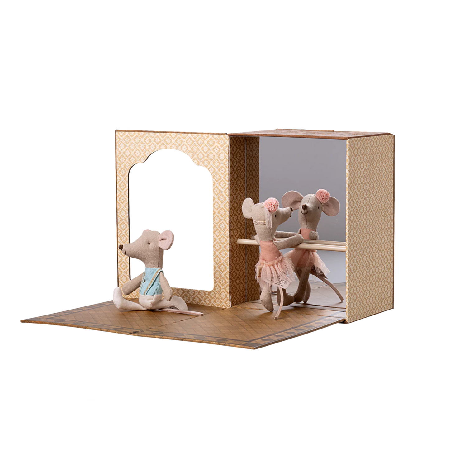 Ballet-themed mouse figurines in a dance studio set on a computer screen.