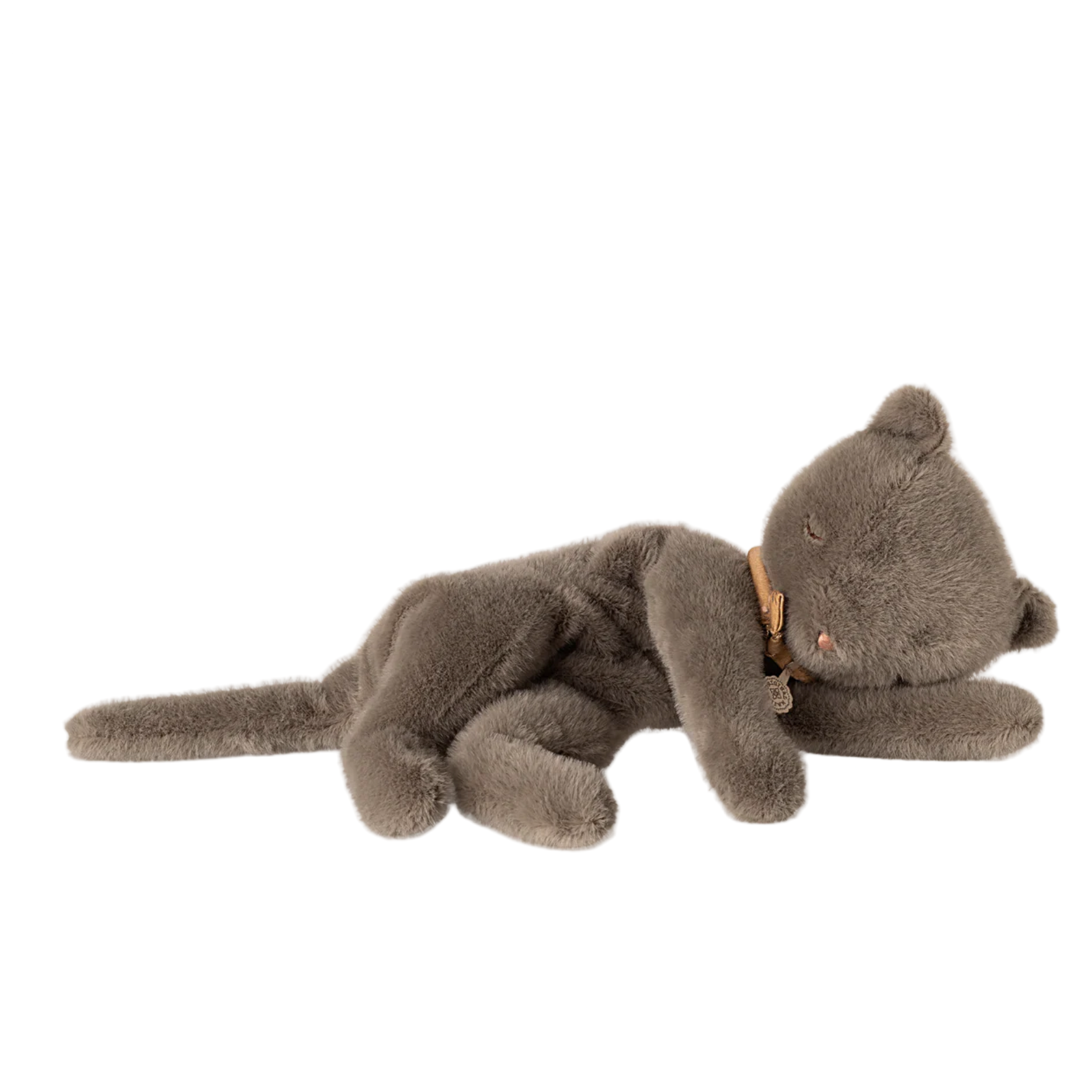 Gray plush cat toy on a white background