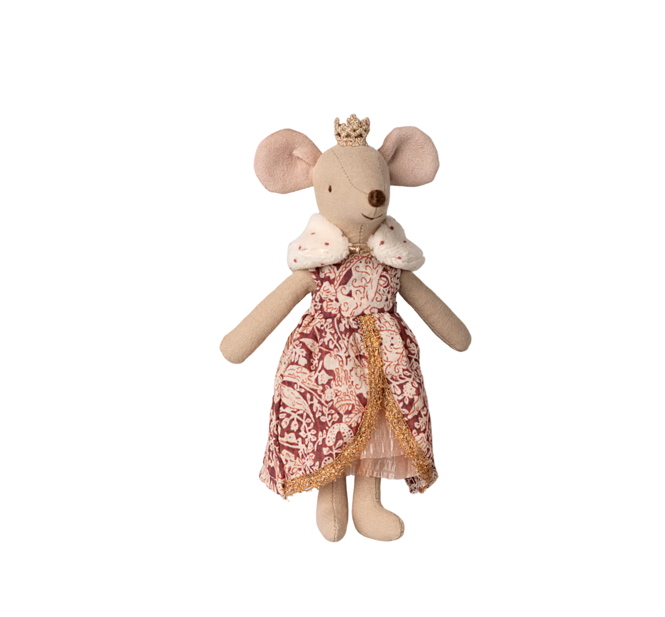 Stuffed toy mouse in a floral dress on a white background - Little-ish