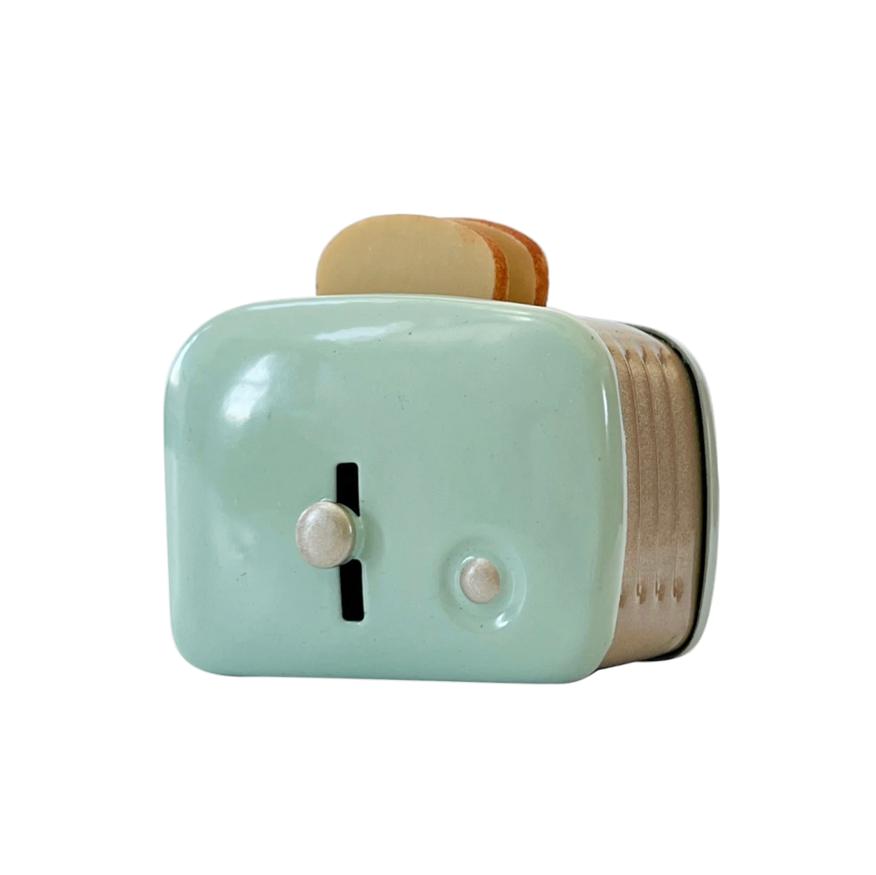 Small green toaster with wooden accents on a white background - Little-ish