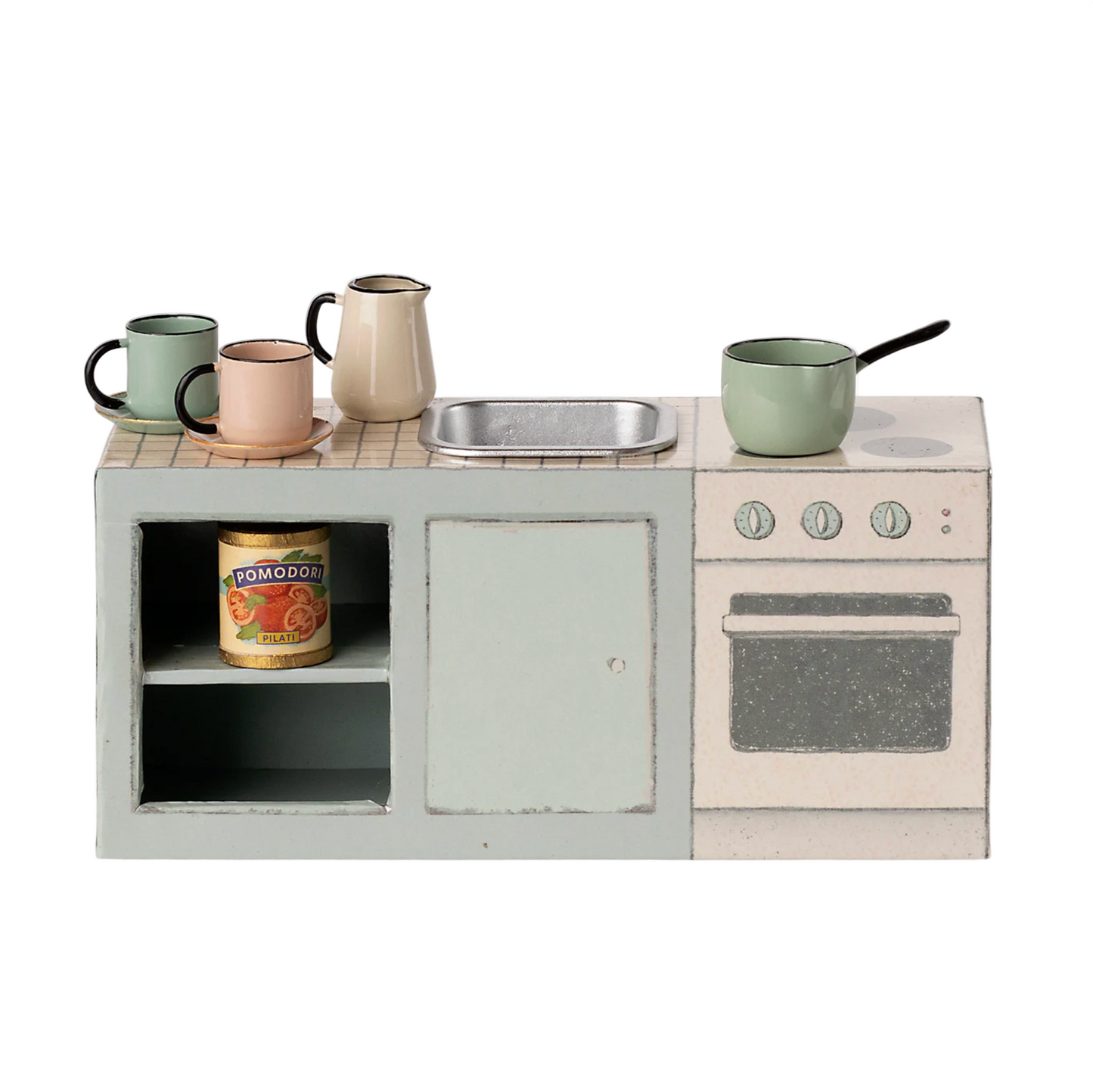 Children's play kitchen set with various items on a computer screen