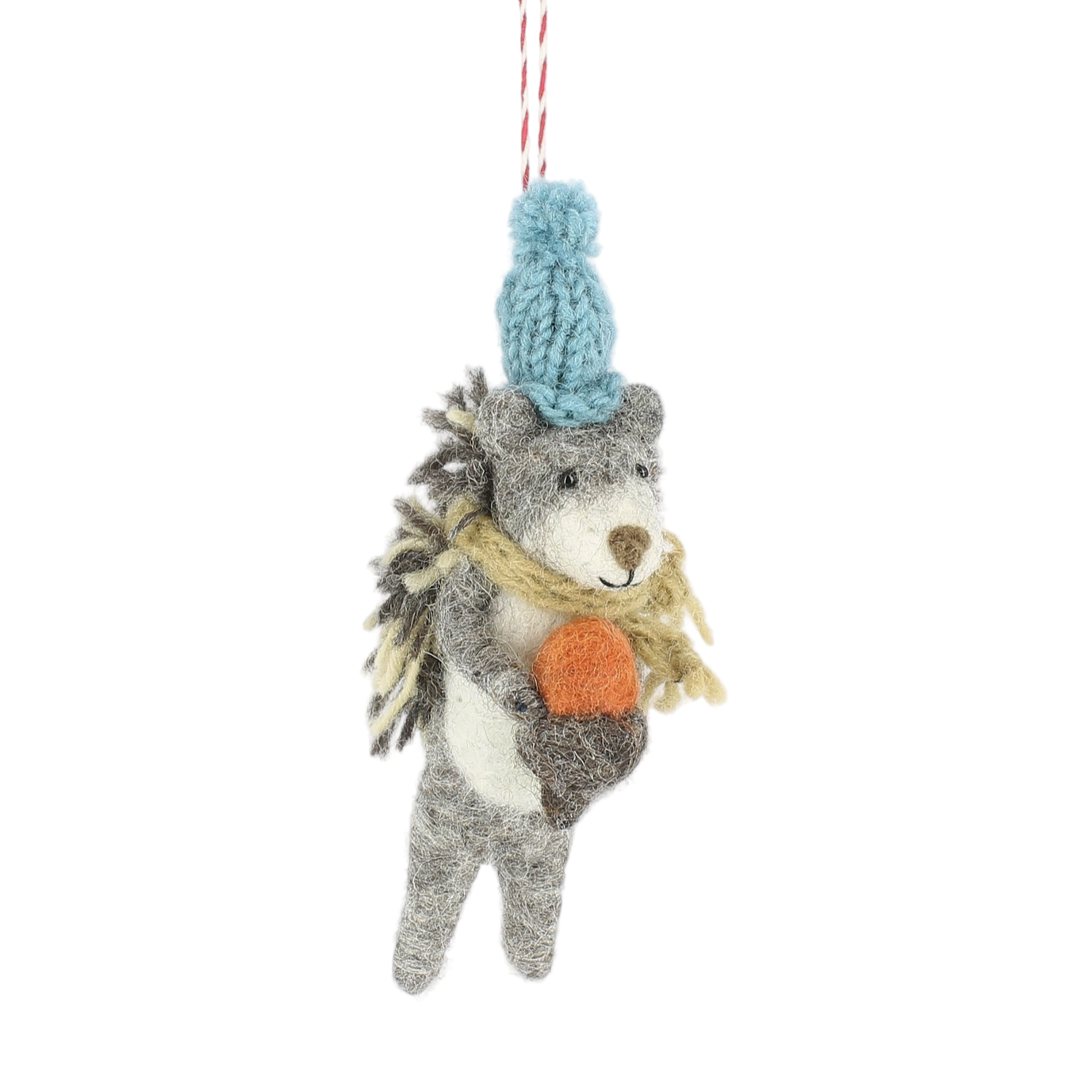 Knitted wolf ornament with a blue pom-pom hat on a white background - Little-ish