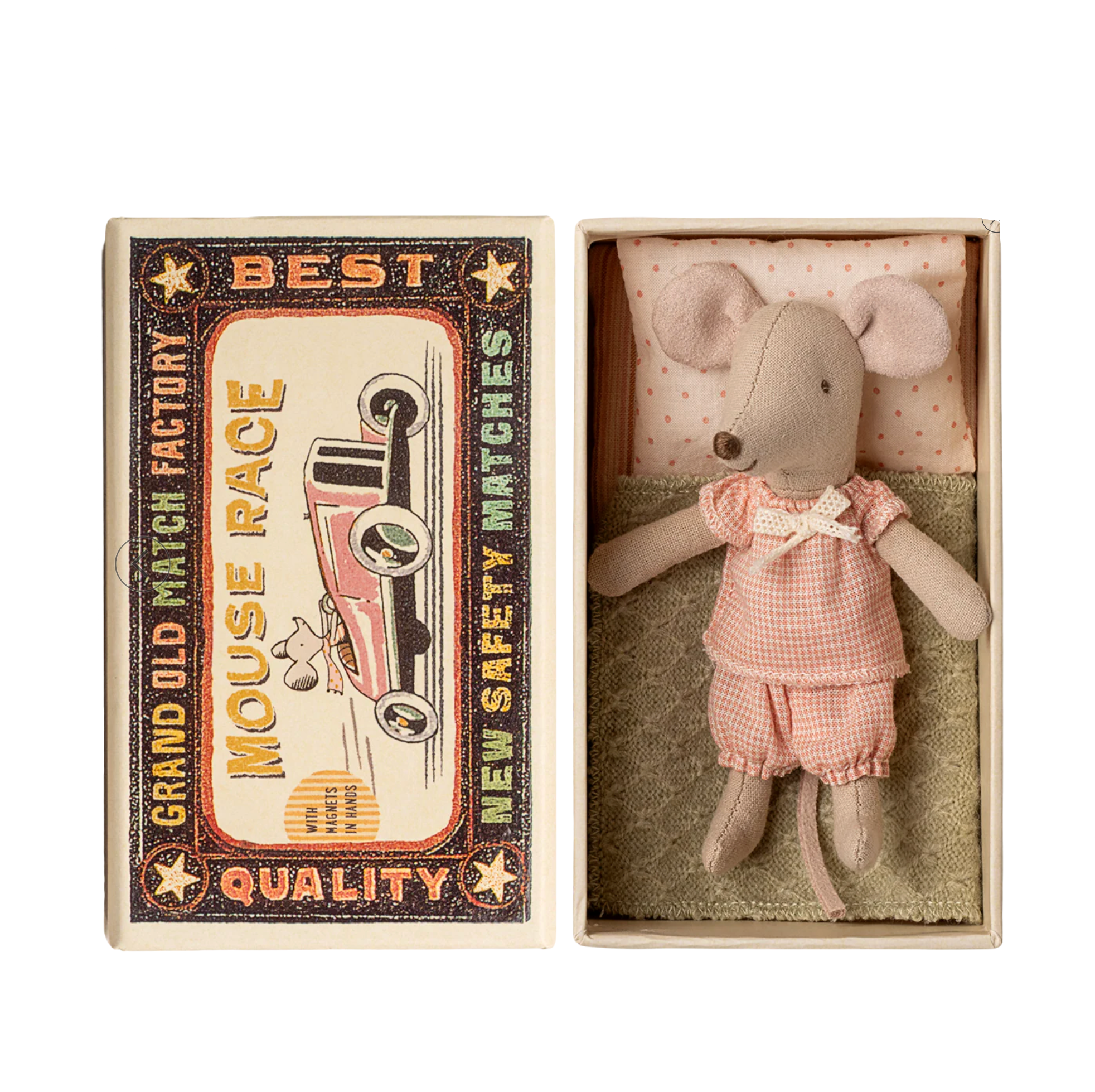 Stuffed mouse toy in a matchbox with a vintage-style label - Little-ish