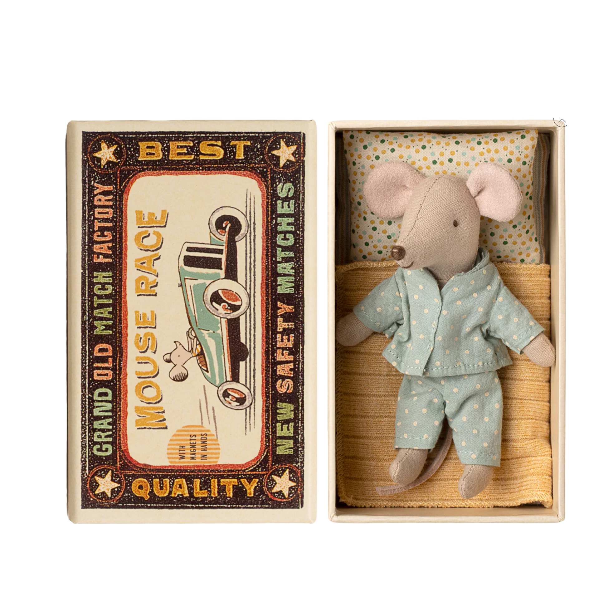 Stuffed mouse toy in a matchbox with a decorative label on a computer screen. - Little-ish