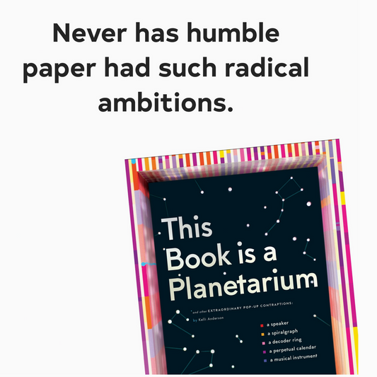 Book titled 'This Book is a Planetarium' with text about humble paper's ambitions on a white background.