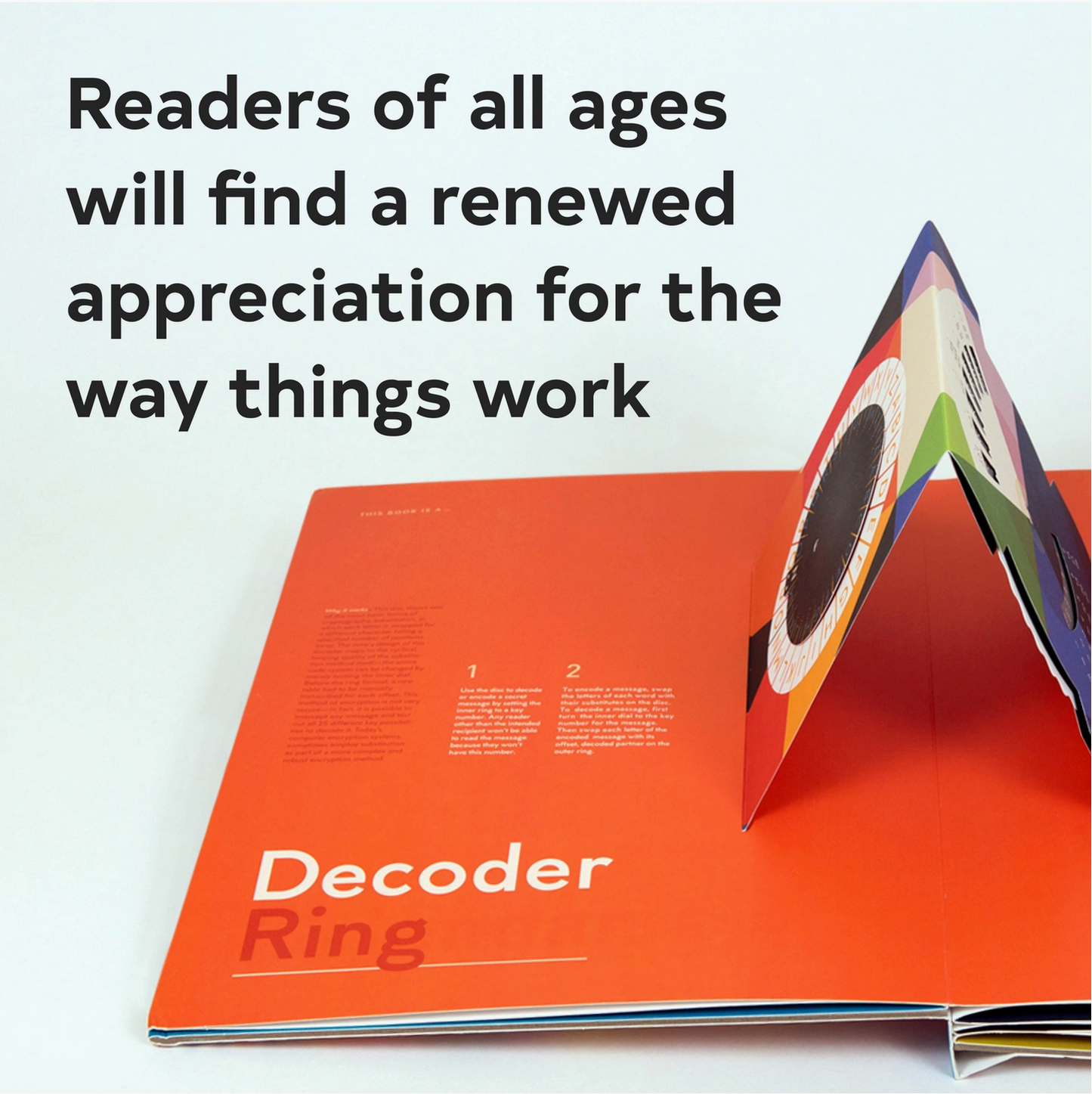 Open book with colorful decoder ring illustration and text about appreciation for understanding things.