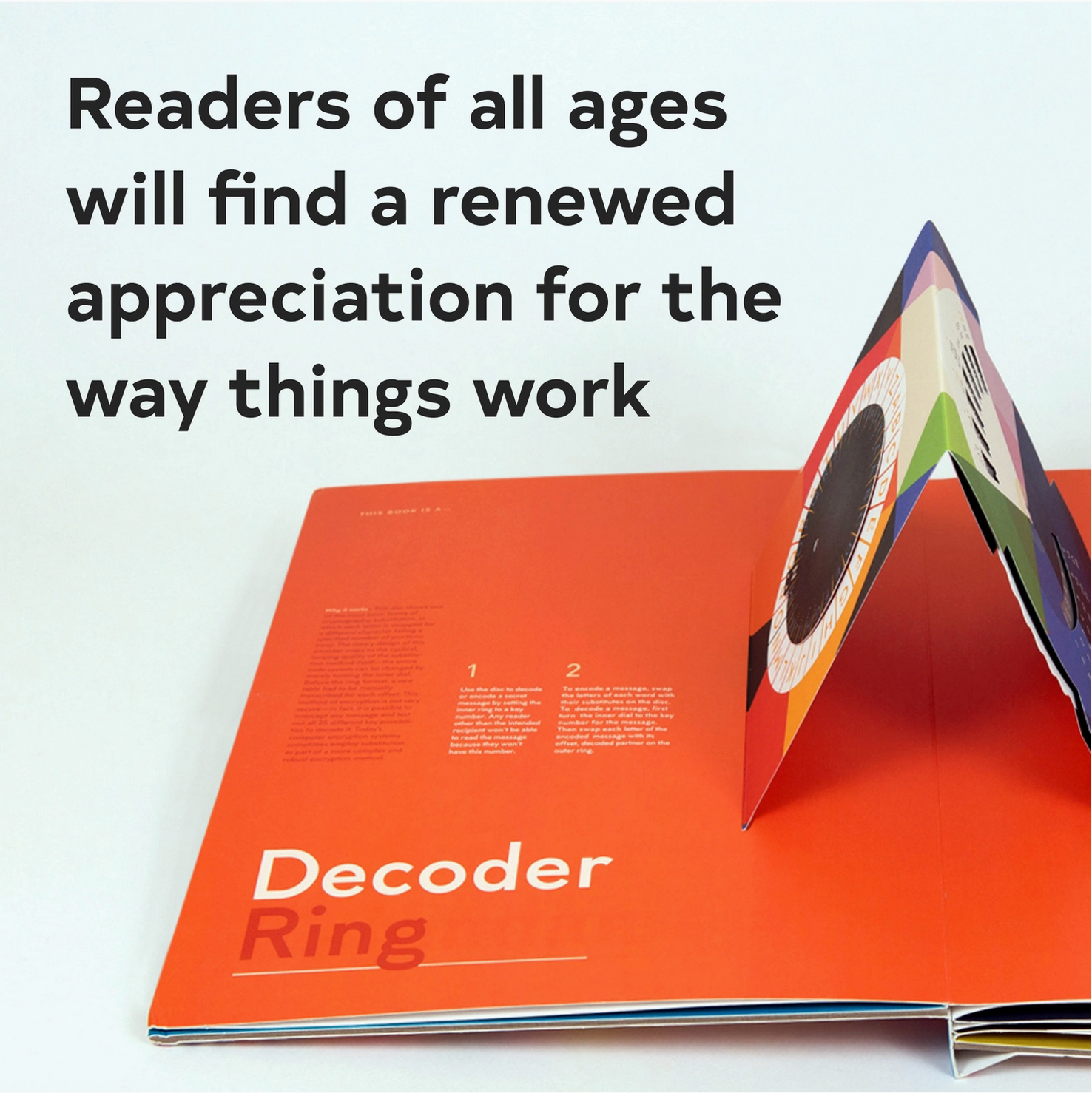 Open book with colorful decoder ring illustration and text about appreciation for understanding things.