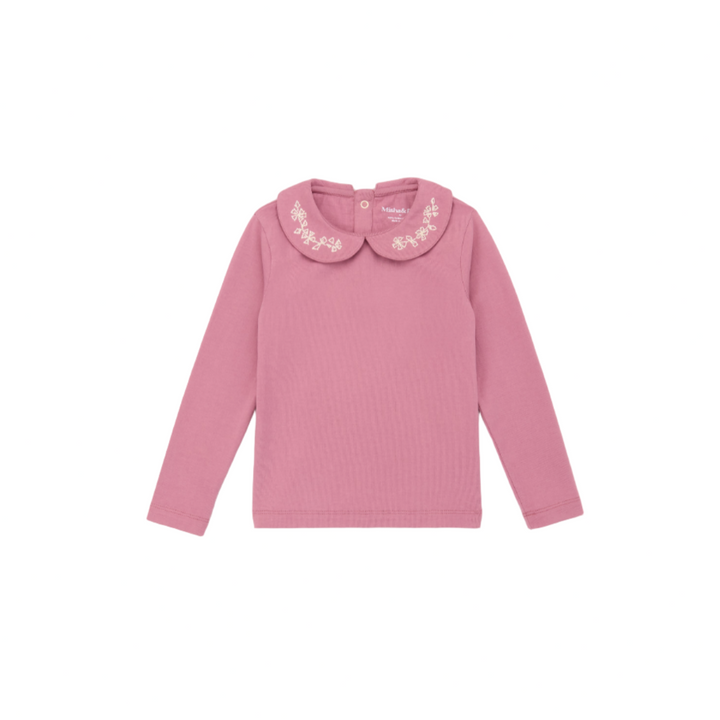 Pink long-sleeve shirt with embroidered collar on a white background