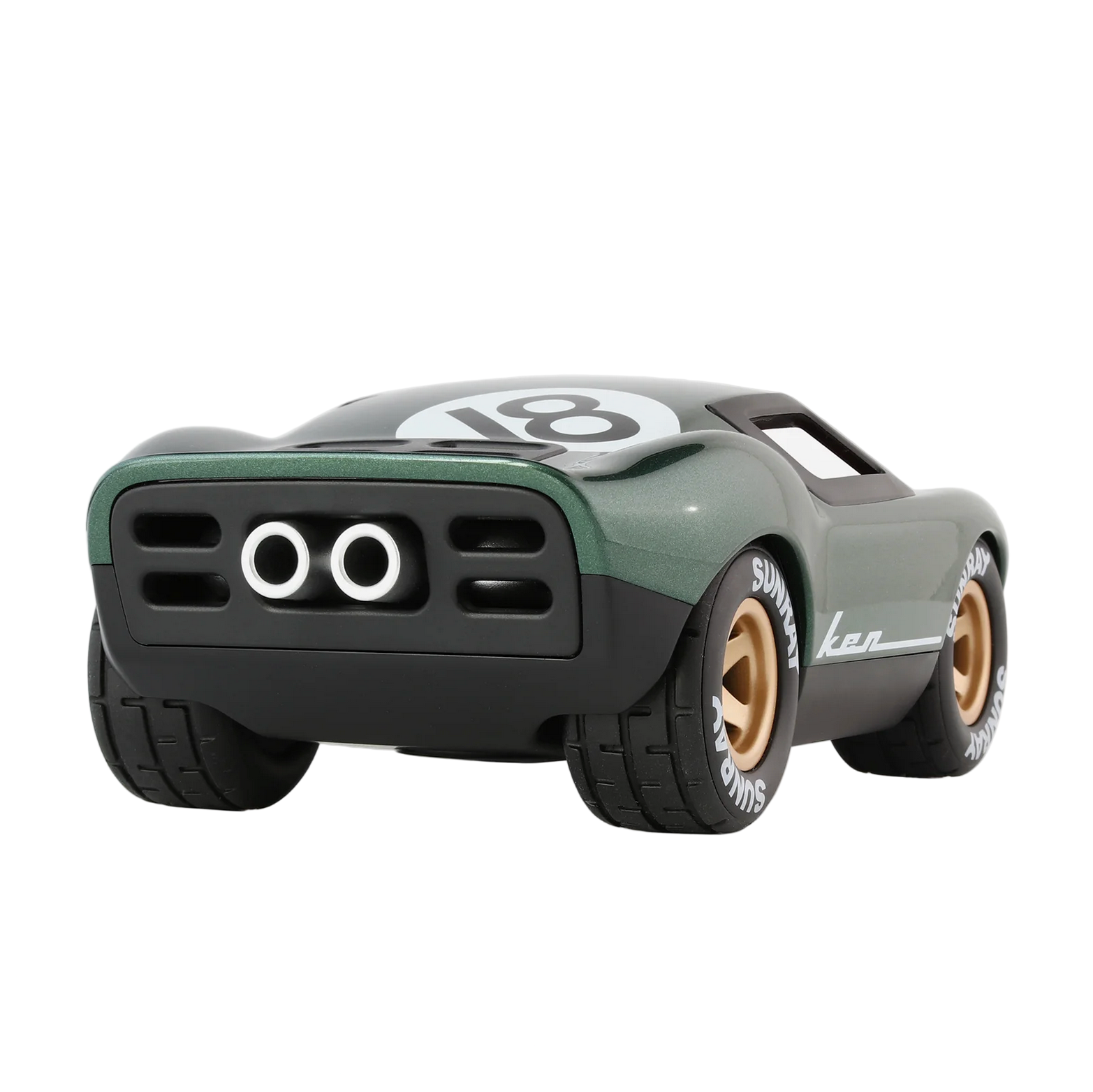 Toy car with a green and black design on a white background