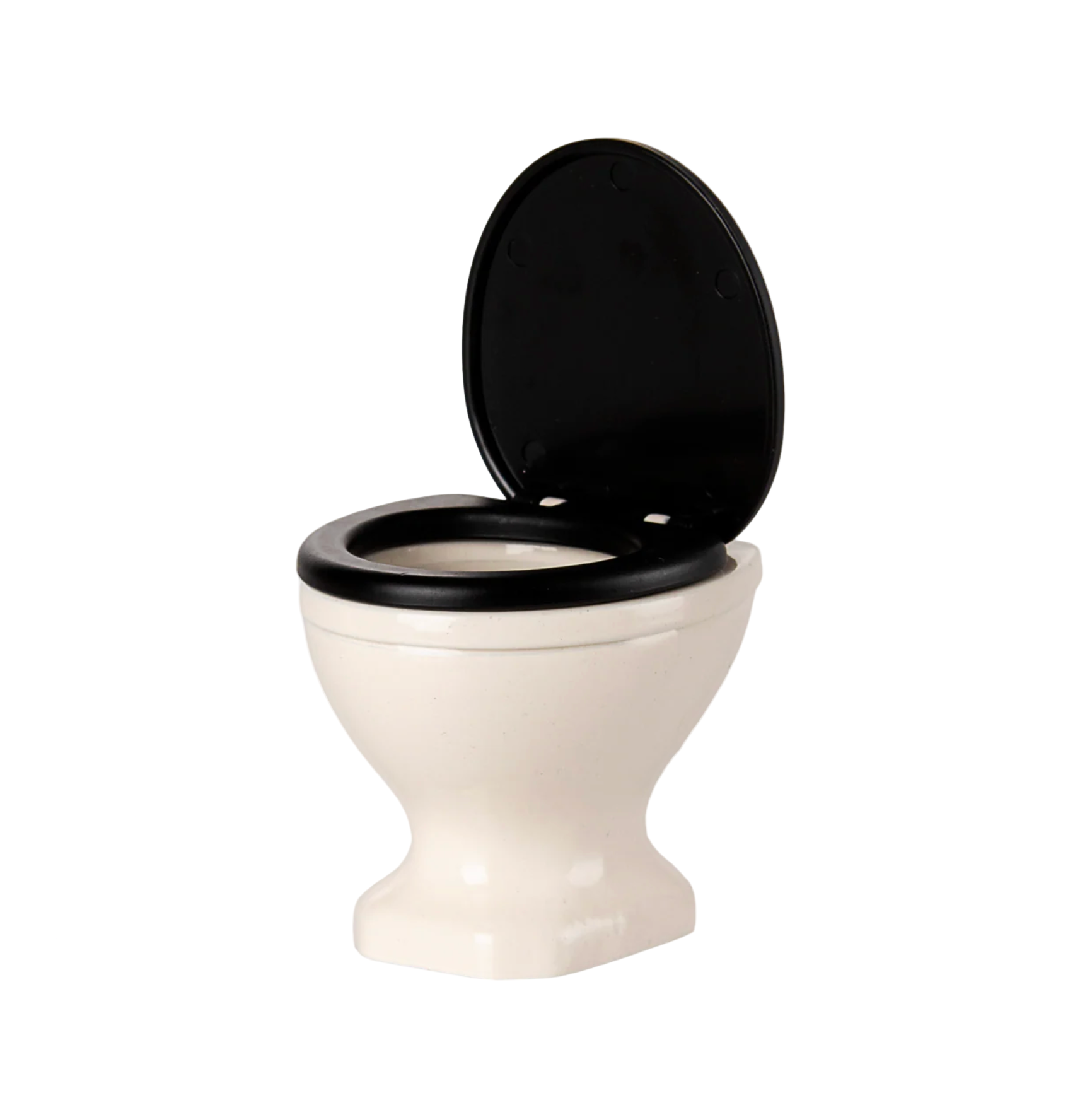 White toilet with black seat on a white background — Little-ish