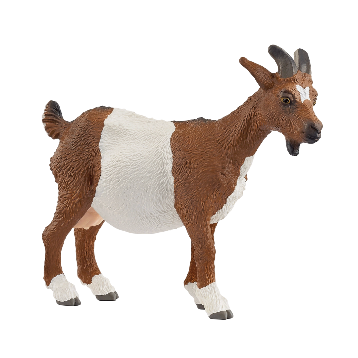 Toy goat figure with brown and white coloring on a white background - Little-ish