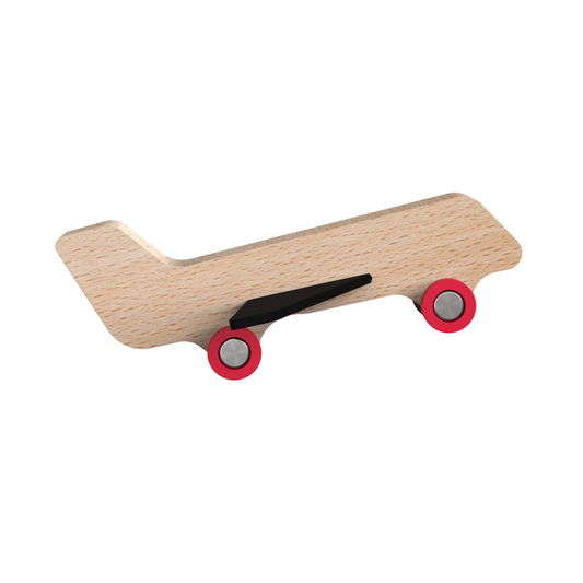 Wooden toy car with red wheels on a beige background