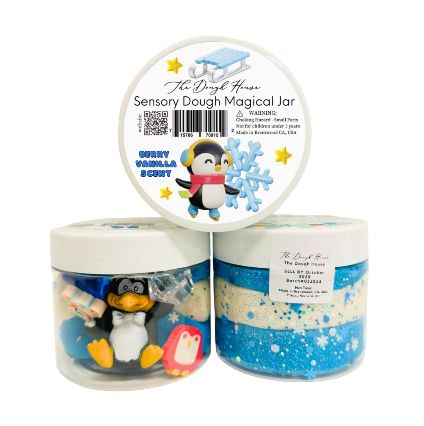 Sensory dough magical jar with penguin design and 'The Dough House' branding on a pastel background.
