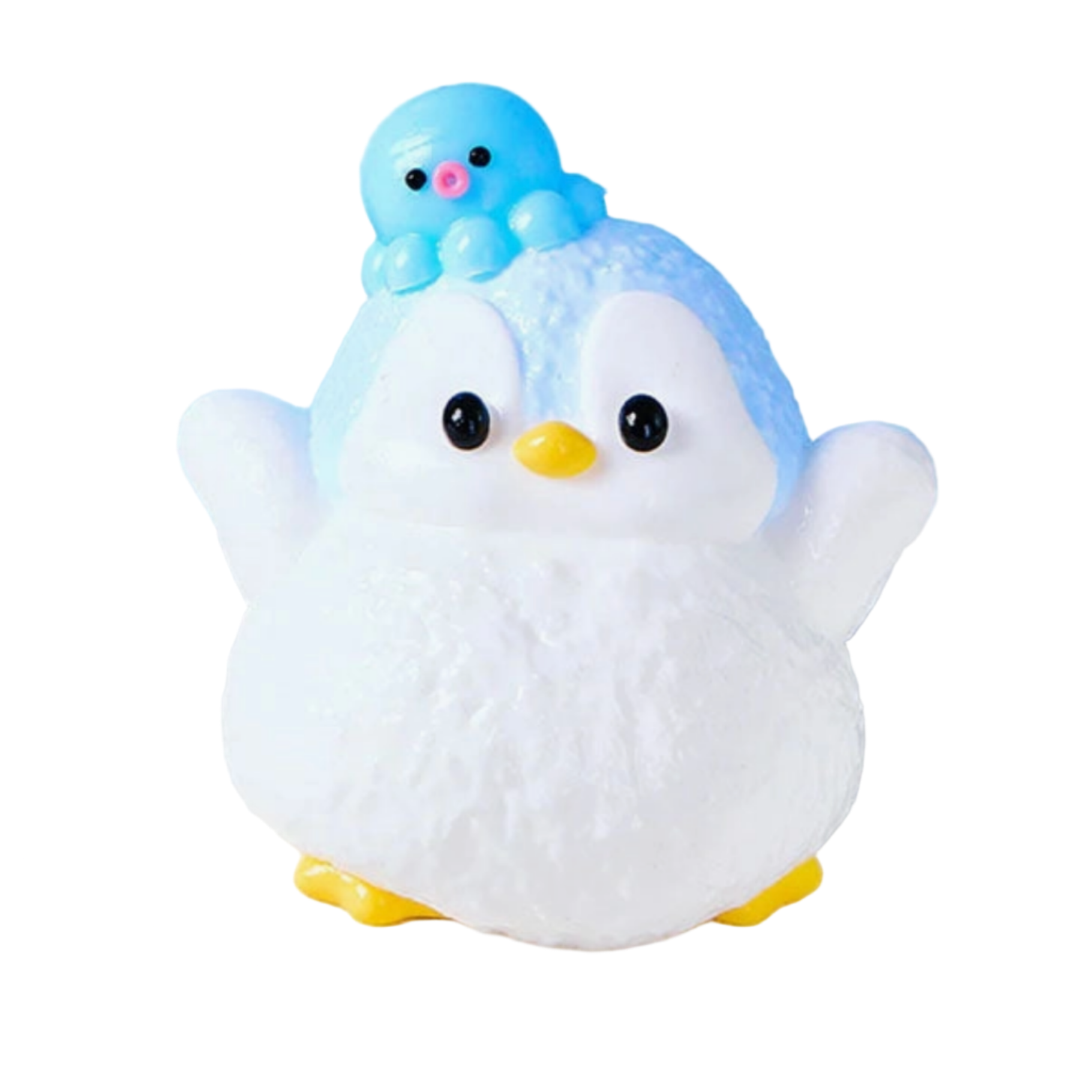 Cute penguin figurine with a smaller blue penguin on its head against a light blue background