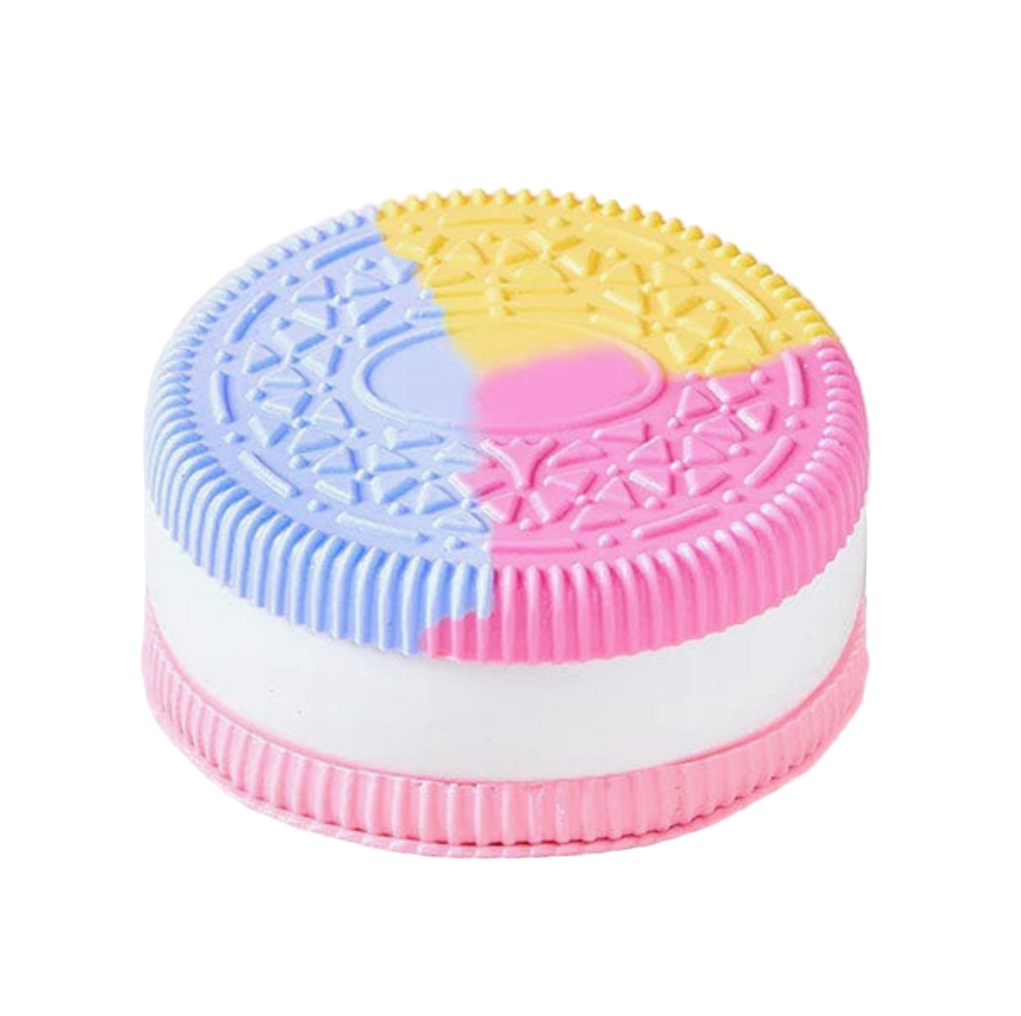 Colorful cookie-shaped container with a white base on a light pink background