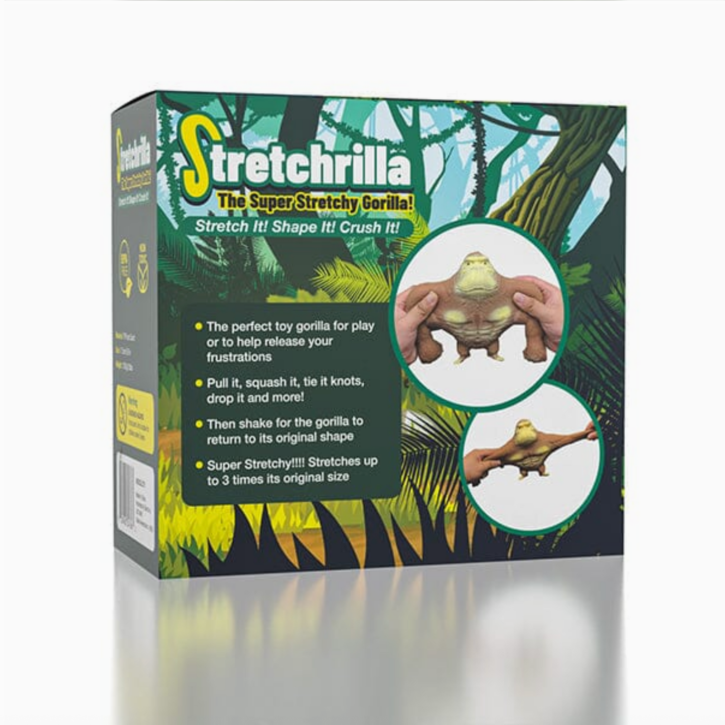 Box of Stretchrilla, a super stretchy gorilla toy, with images and text on a white background.