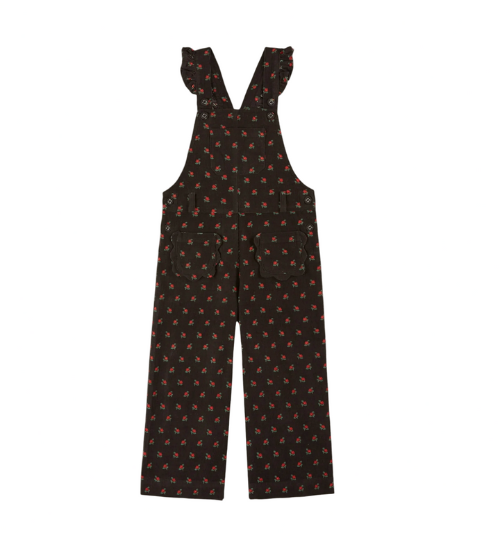 Black patterned overalls on a website page with product details.