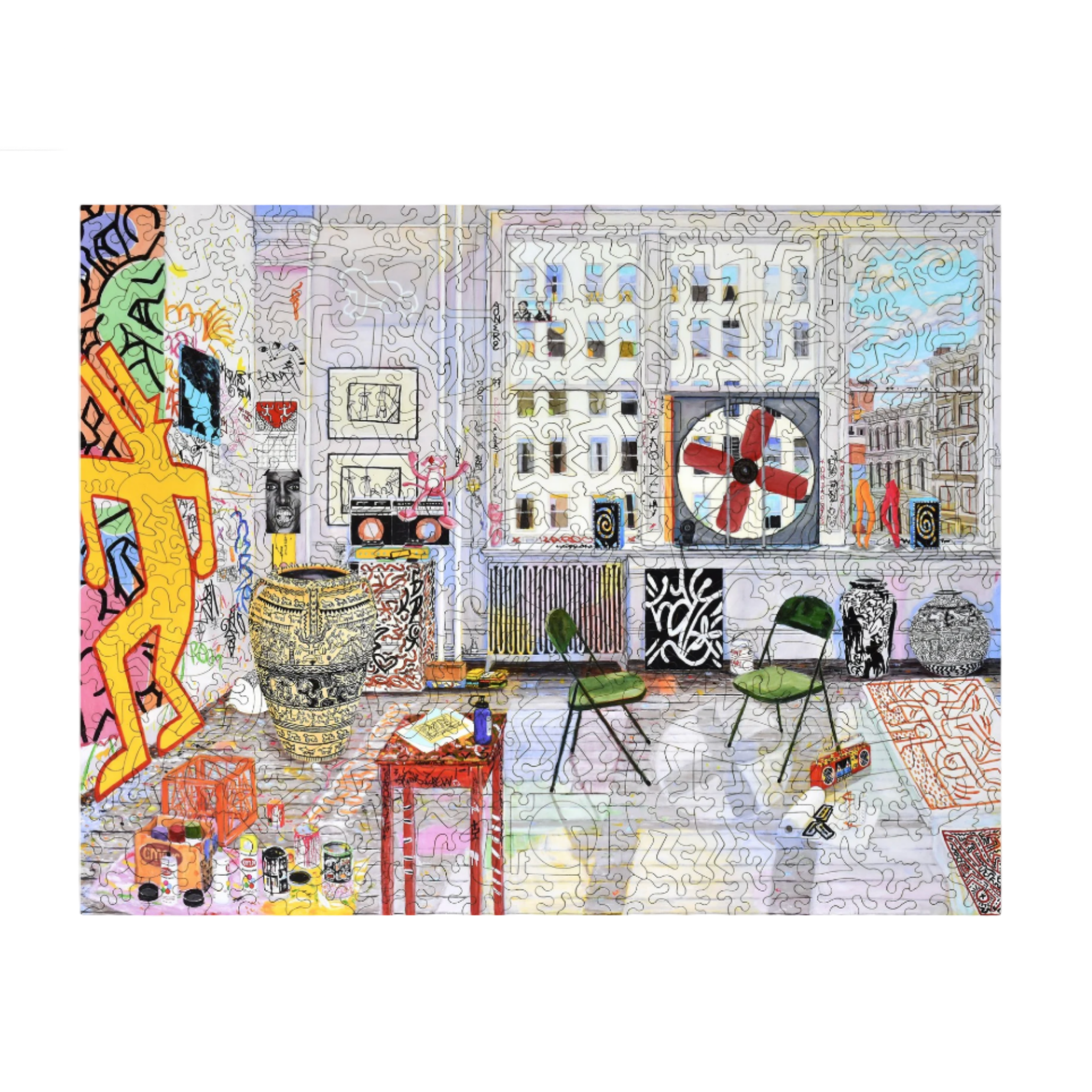 Colorful interior scene with furniture and decorative elements on a white background