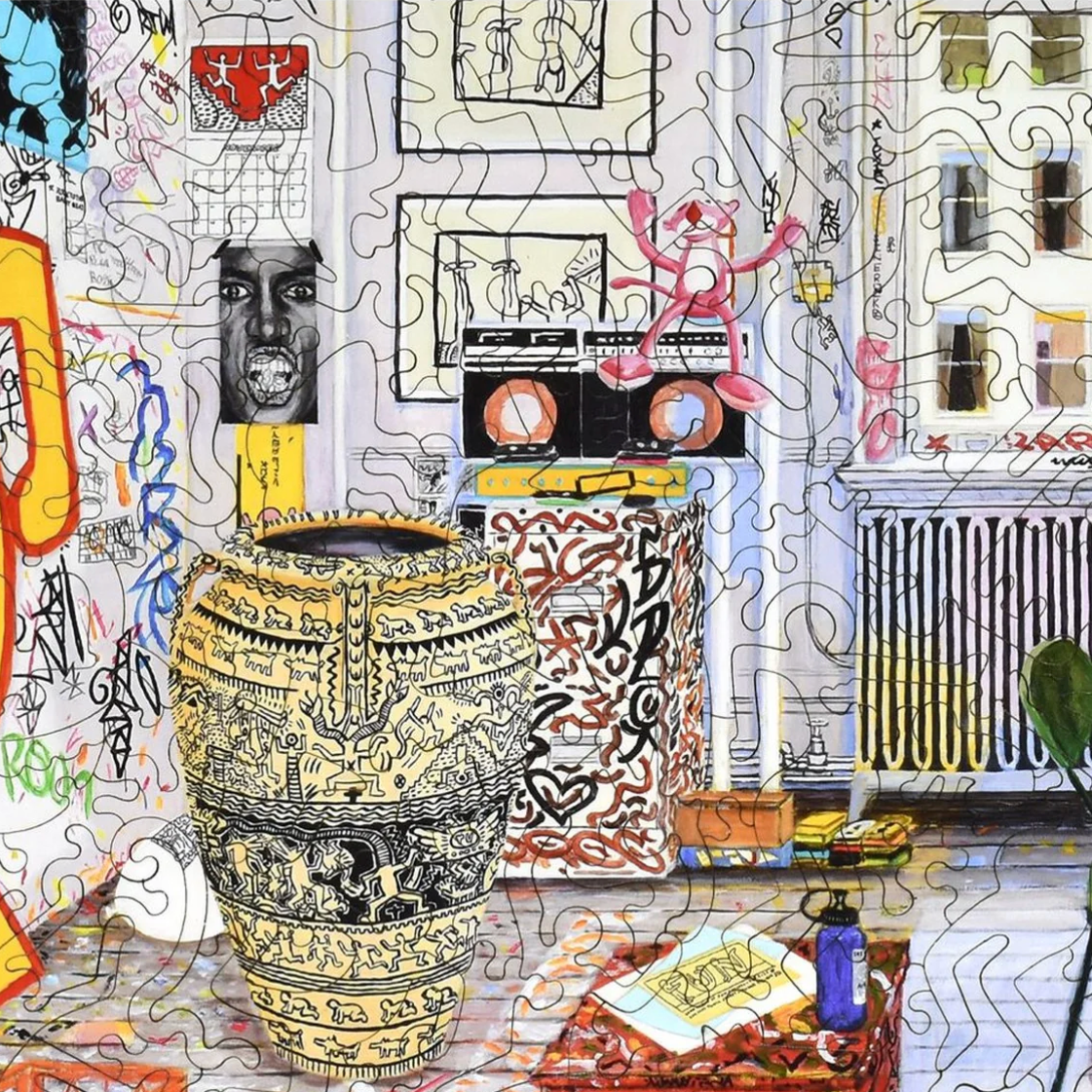 Colorful abstract art with a vase and various elements on a white background