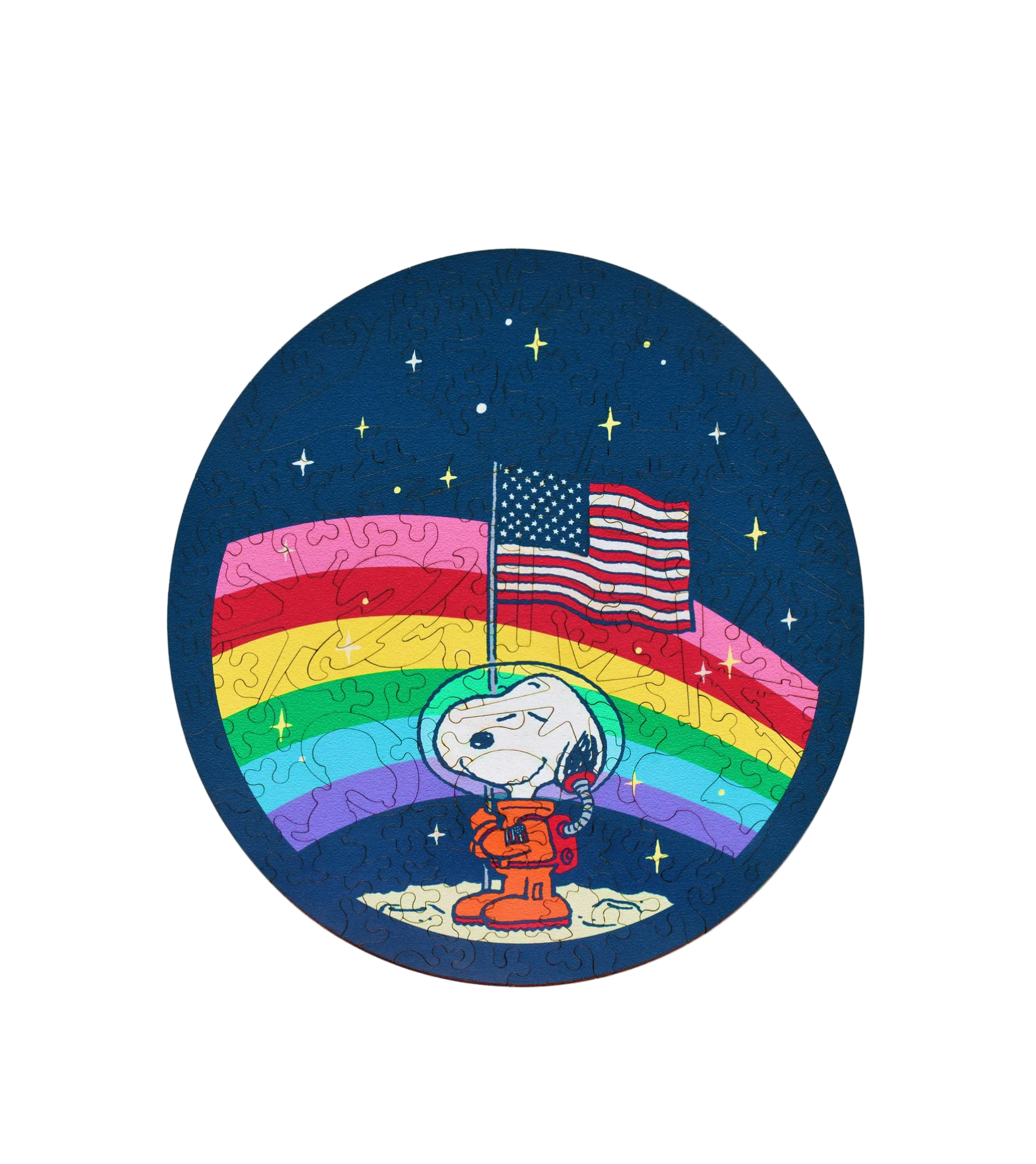Circular sticker with Snoopy in astronaut suit on moon holding American flag and rainbow - Little-ish