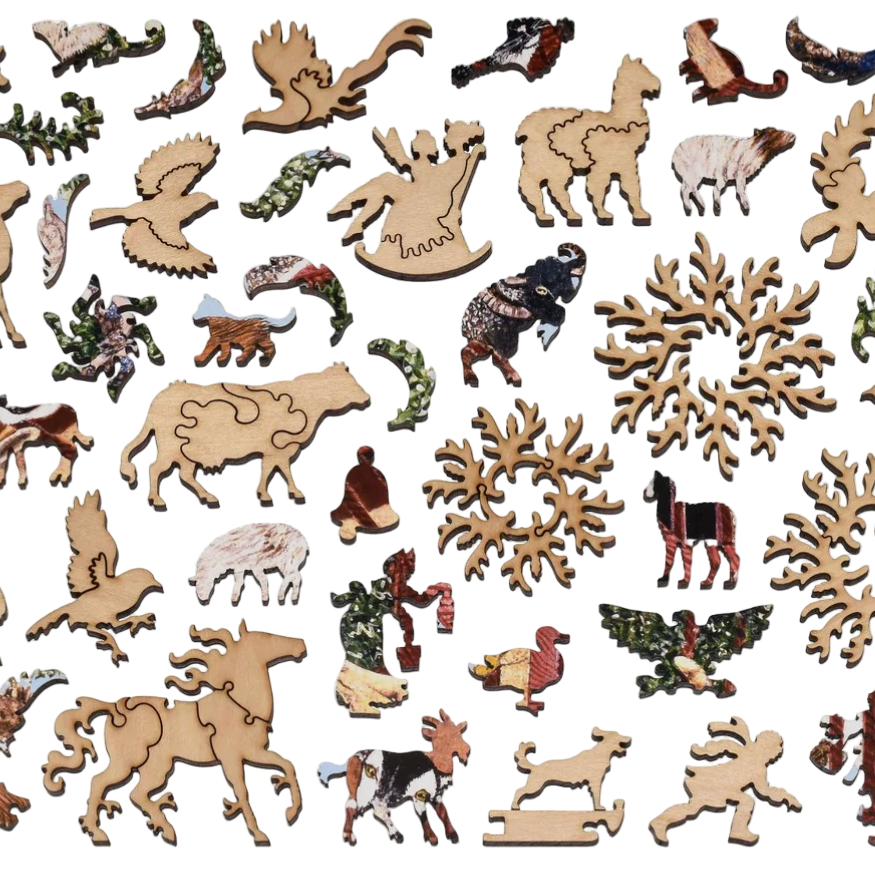 Collection of various wooden cutouts on a white background