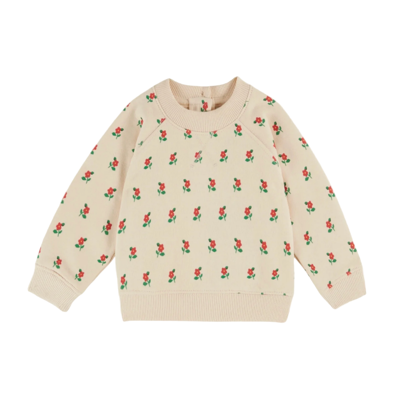 Beige sweatshirt with red floral pattern on a beige background