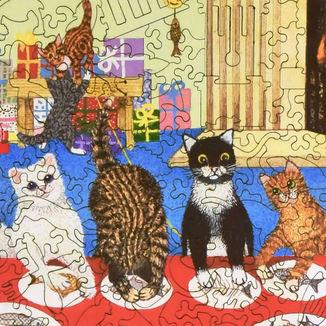 Jigsaw puzzle with cats on a table, featuring a completed section and missing pieces. - Little-ish