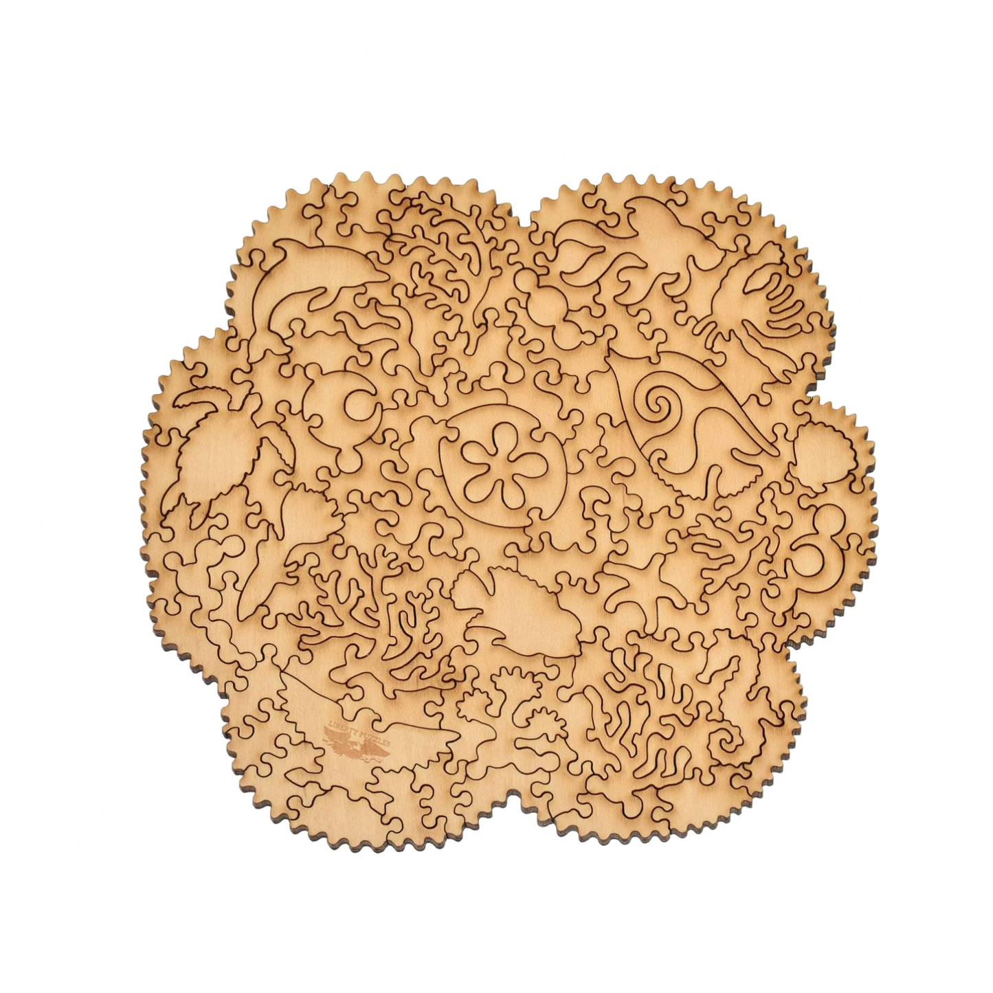 Wooden puzzle with intricate cut-out patterns on a computer screen