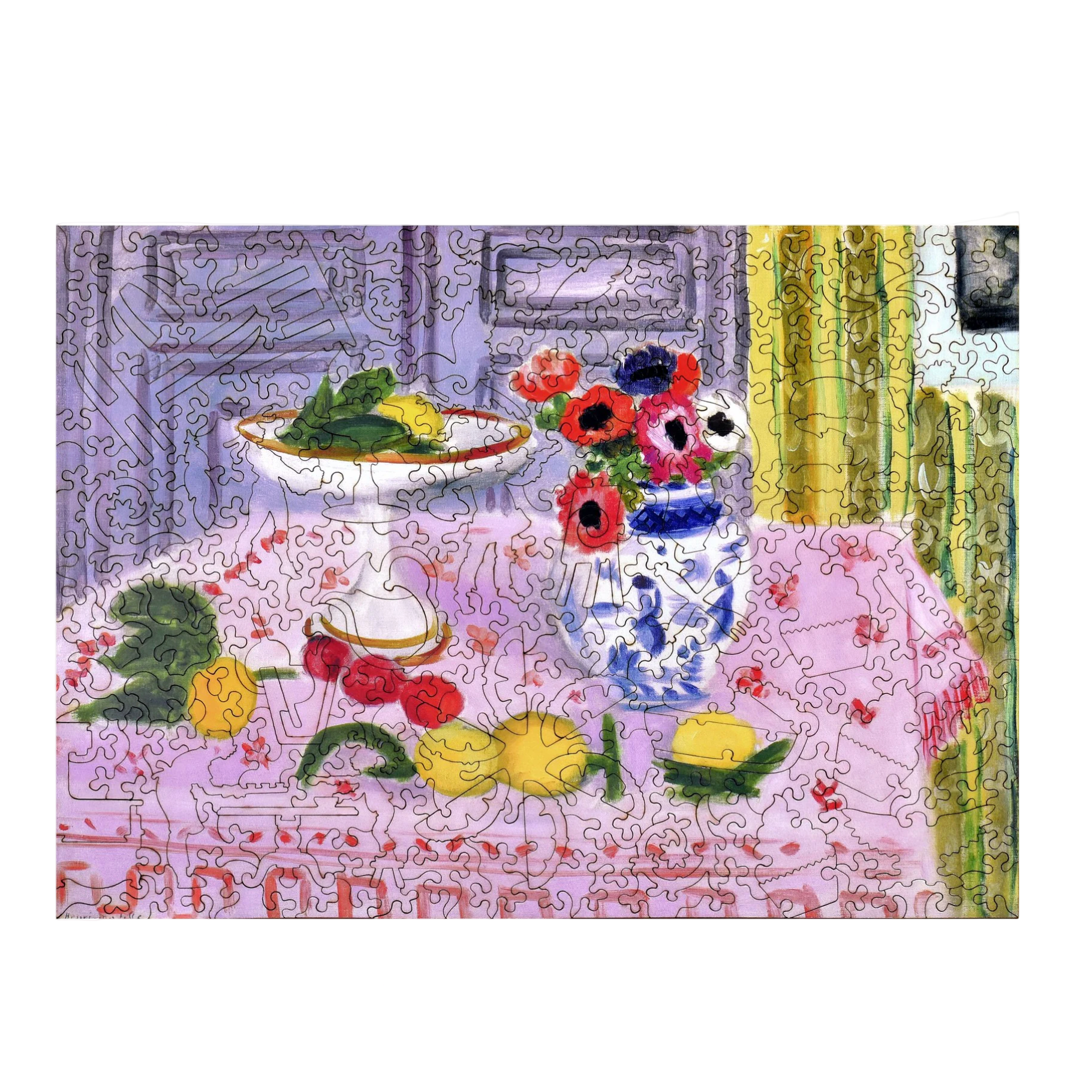 Product page for a painting of a table with flowers and fruit on a website.
