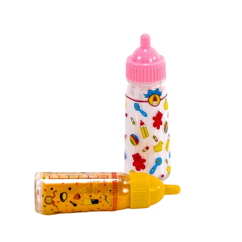 Two baby bottle-shaped containers with colorful designs on a white background