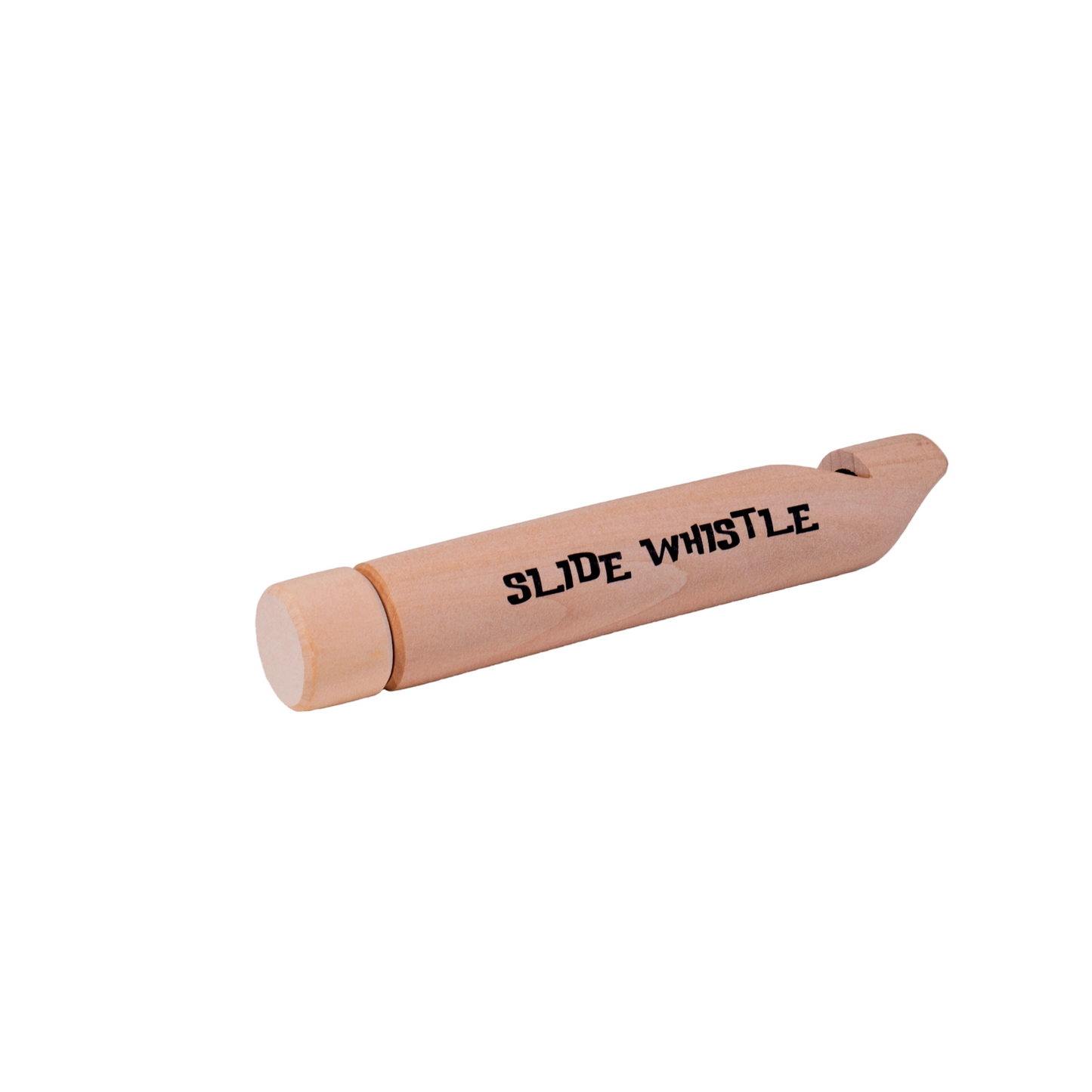 Wooden slide whistle with 'Slide Whistle' text on a white background