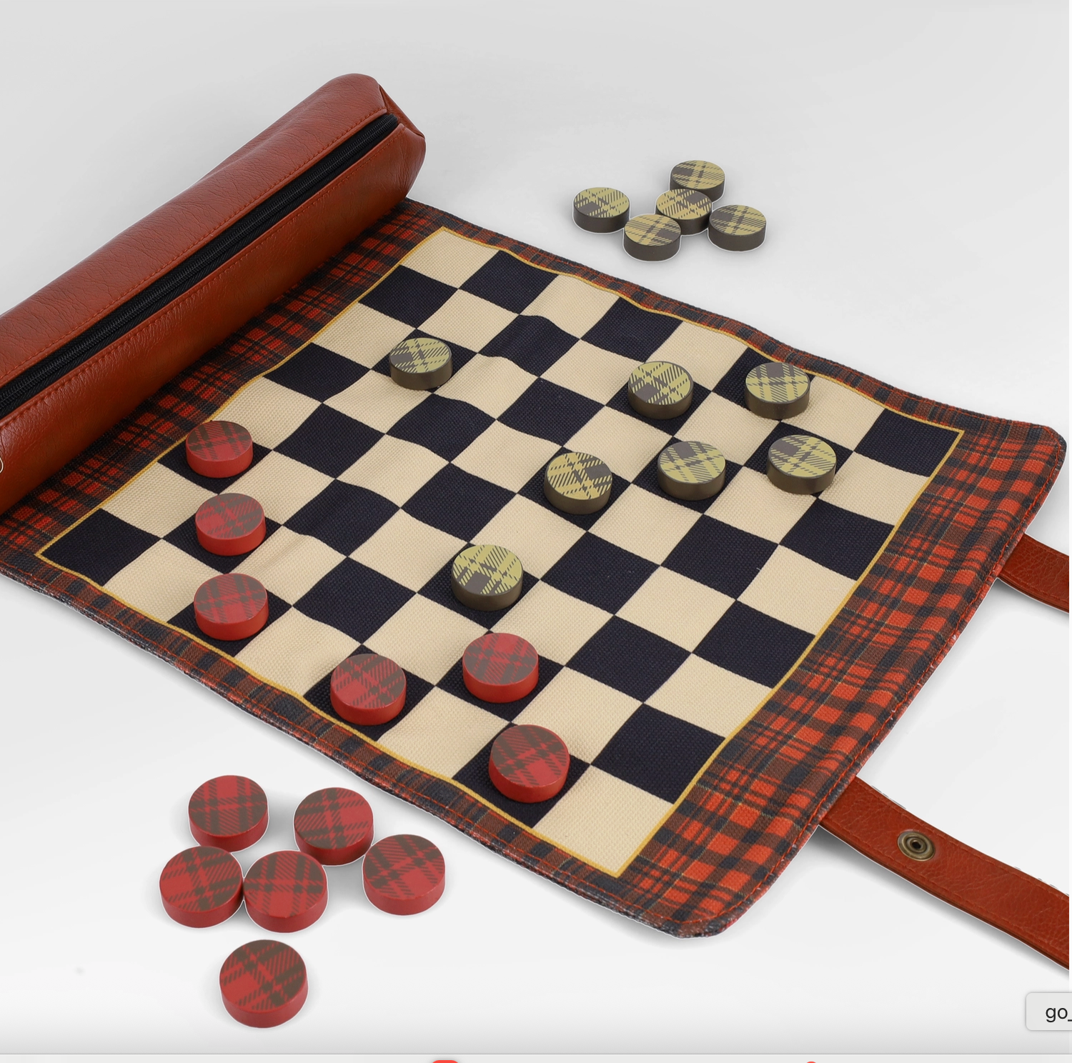 Checkers game set with checkered board and pieces on a white background