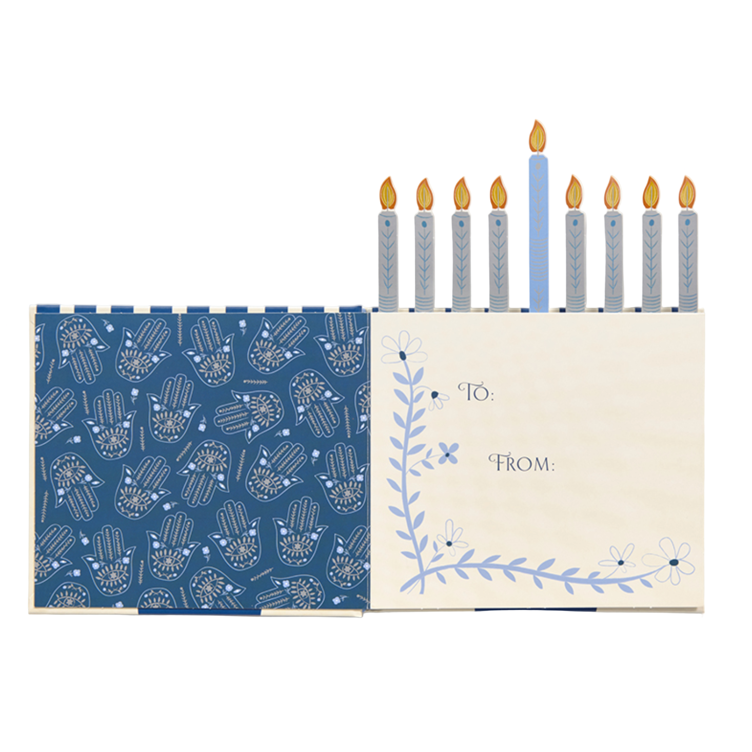Packaged candles with blue and white design on a white background