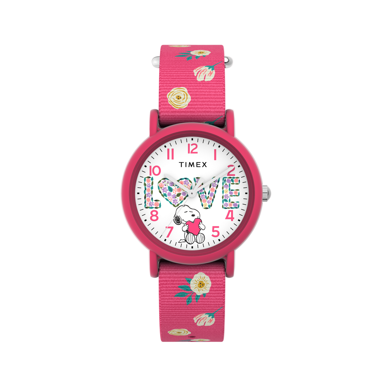 Pink children's watch with floral design on a white background