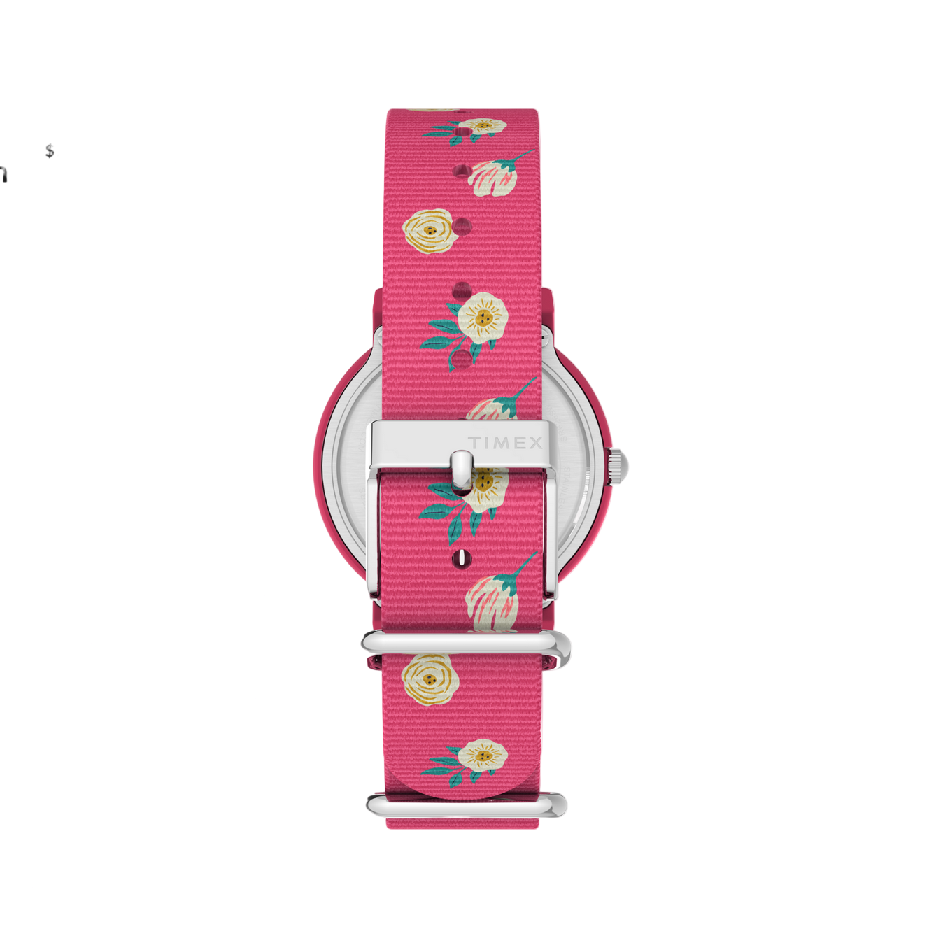 Watch with pink floral strap on a white background