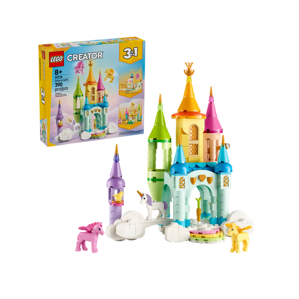 LEGO Creator castle set with colorful towers and toy figures on a white background