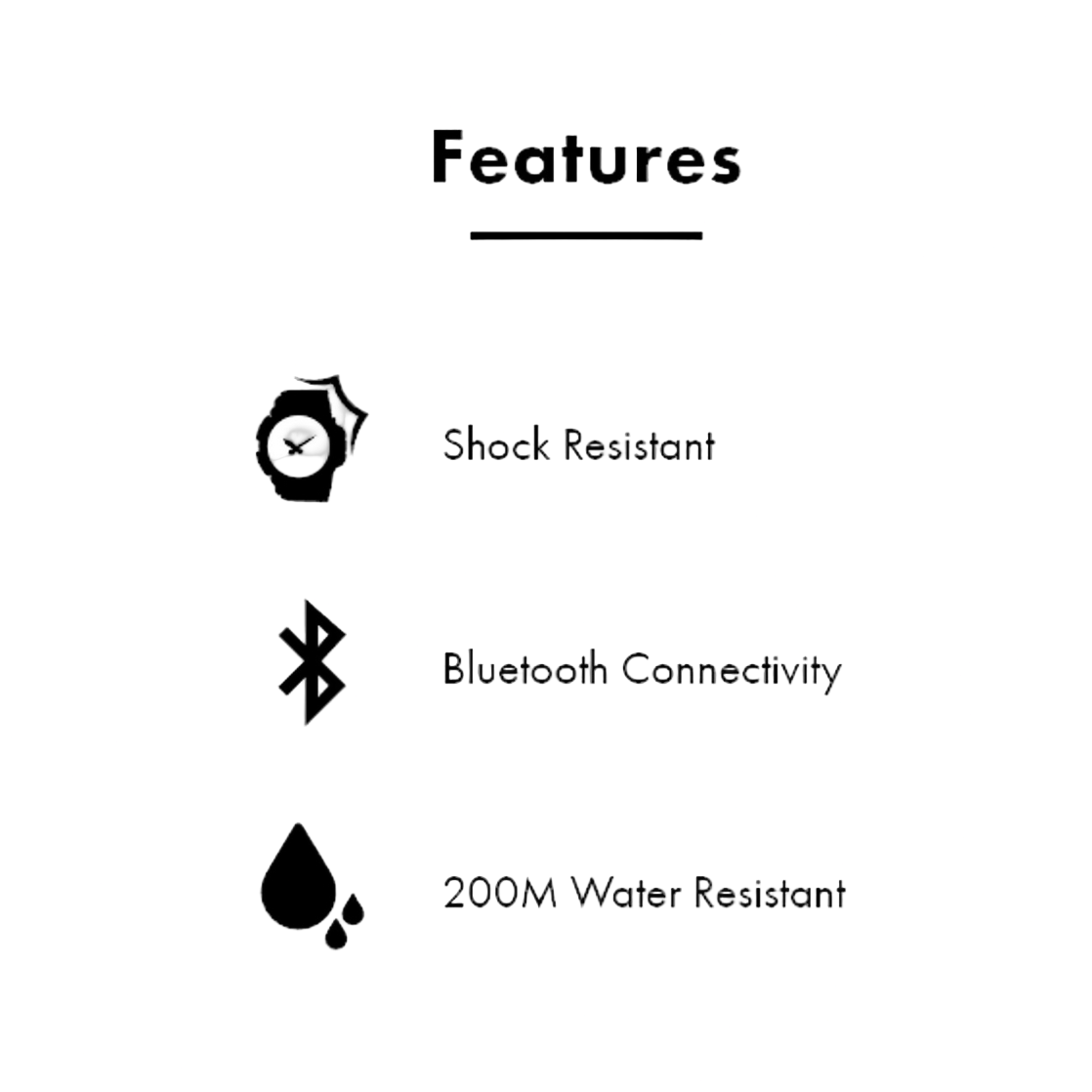 List of product features including shock resistance, Bluetooth connectivity, and water resistance on a white background.