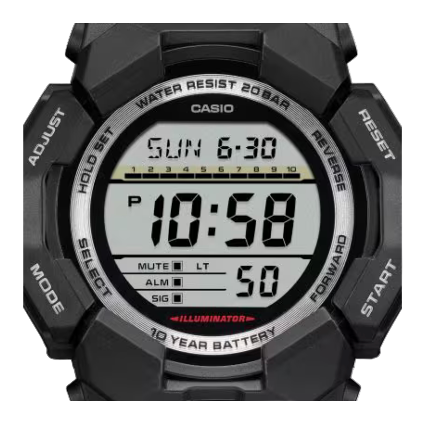 Digital watch with black casing and visible Casio branding on a white background