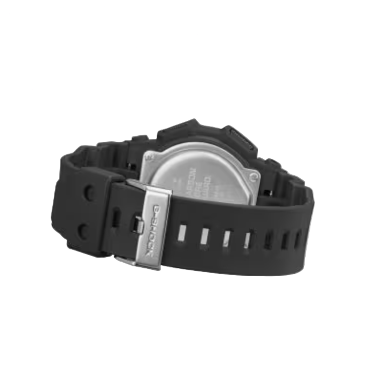 Black Casio watch strap on a white background