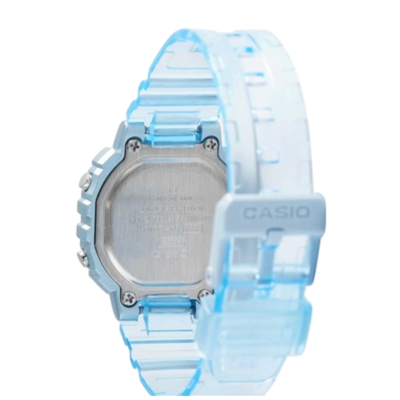 Casio watch with a blue and clear strap on a white background