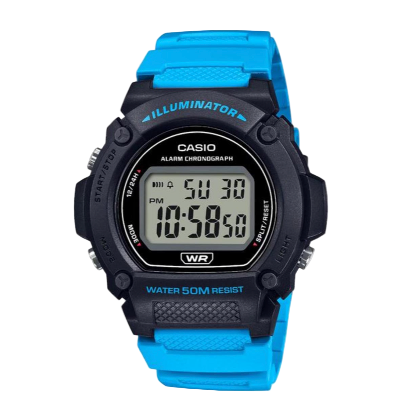 Casio digital watch with blue strap on a white background