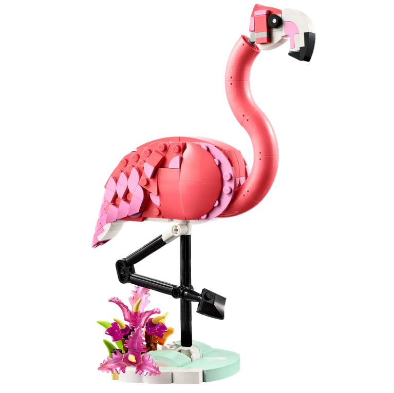Pink flamingo figurine with a white background