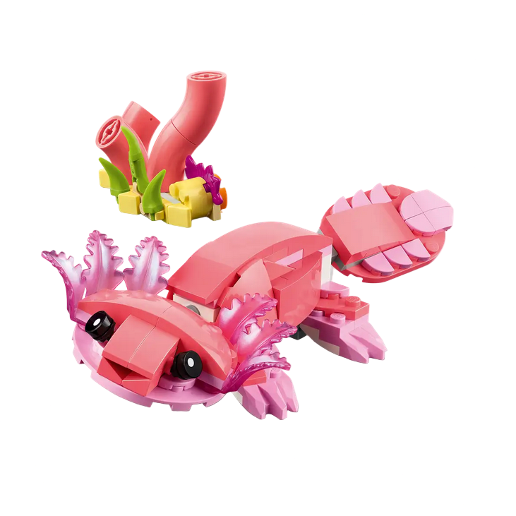 Pink axolotl toy figure with a white background