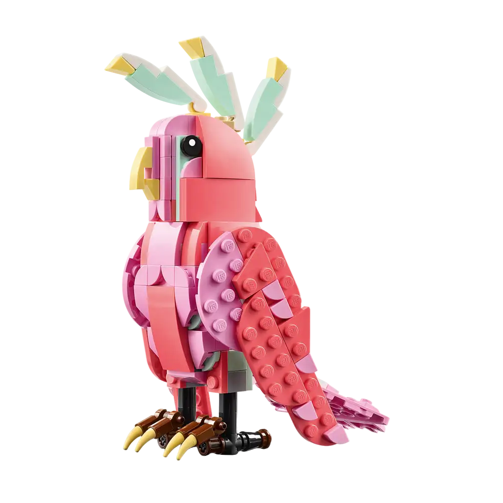 Lego parrot made of interlocking bricks on a white background