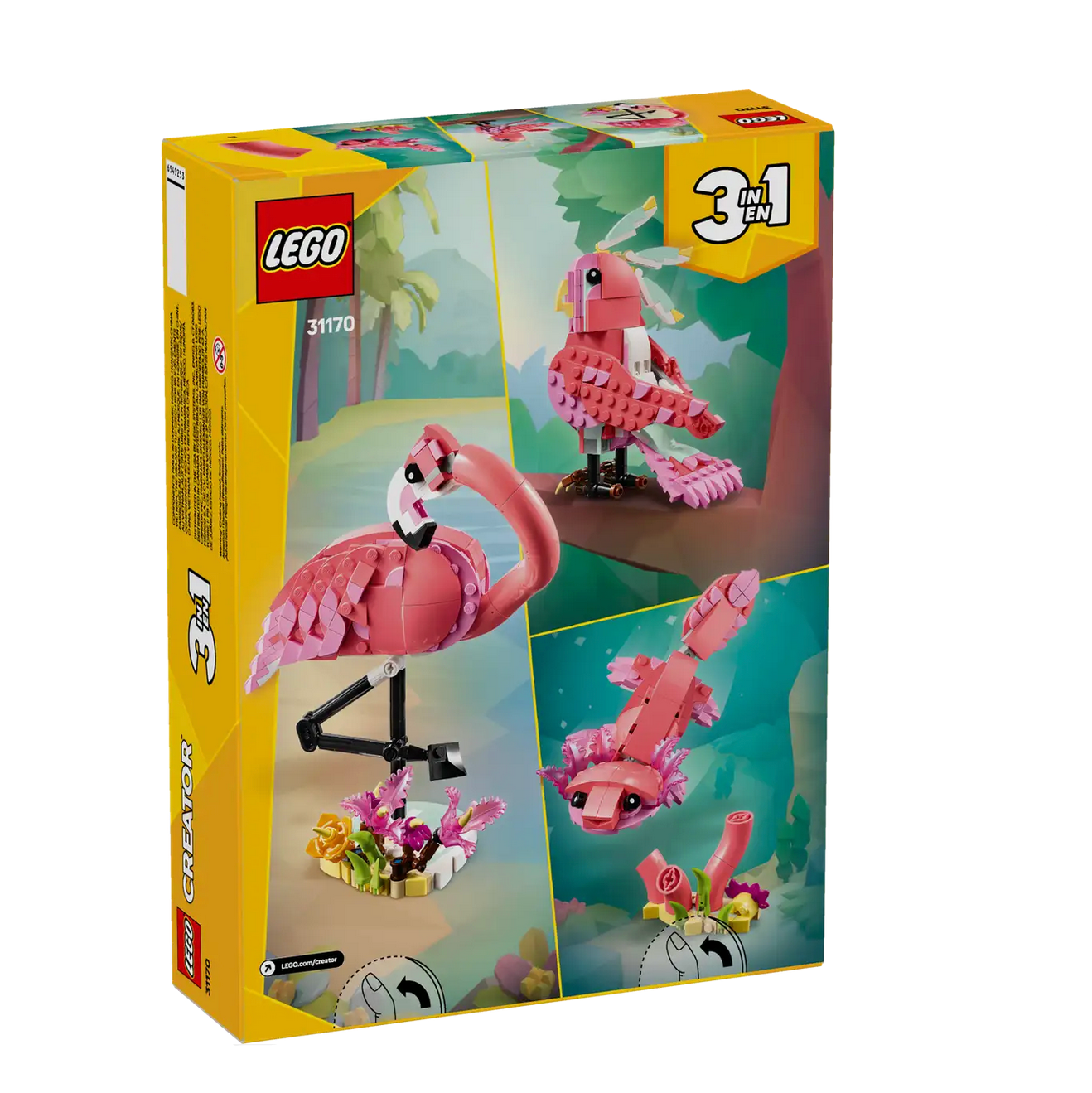 LEGO flamingo set packaging with images of the flamingo and flowers on a green background