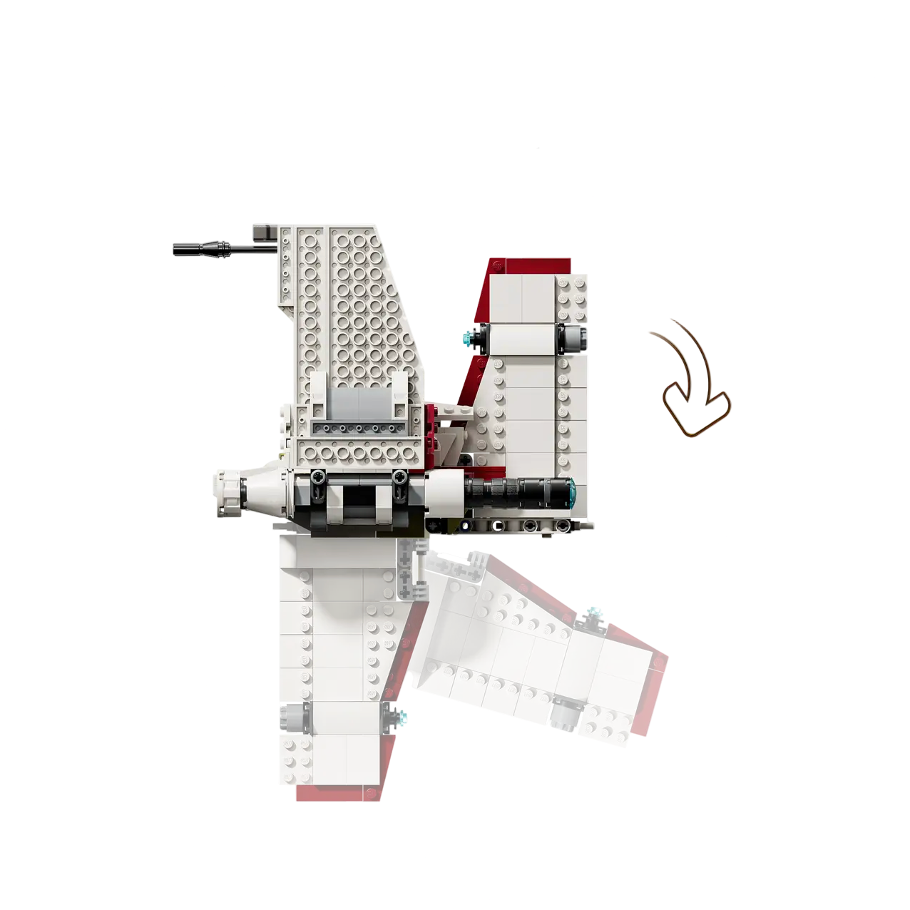 LEGO model with instructions on assembly, showing a white and red spaceship design.