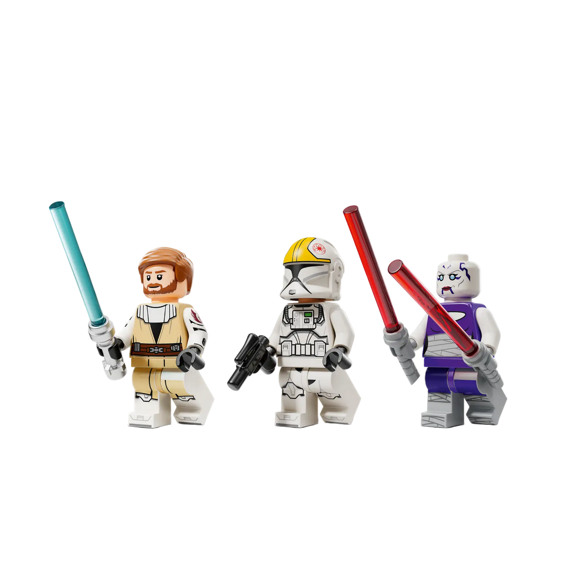 Three LEGO figures with lightsabers on a white background