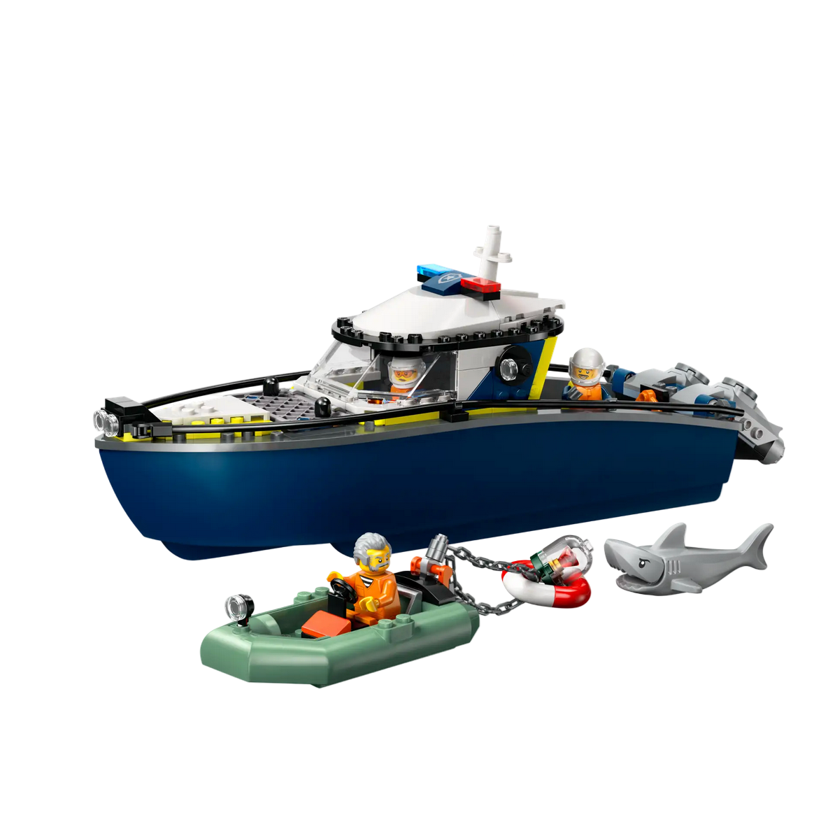 LEGO police boat chase set on a white background