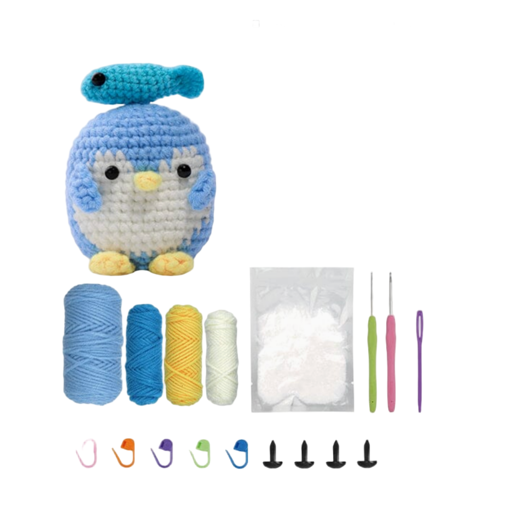 Crochet kit for creating 'Charlie the Penguin' with yarn, white fiber, hooks, and a pattern guide on The Loop Brigade website.